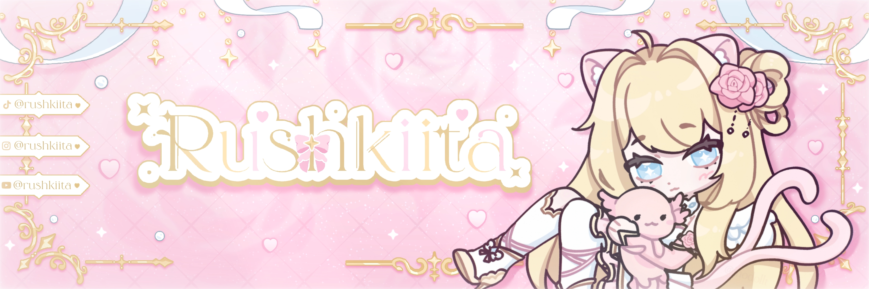 Banner de Rushkiita: su nombre, su OC abrazando a un ajolote y los perfiles @rushkiita en TikTok, Instagram y YouTube.