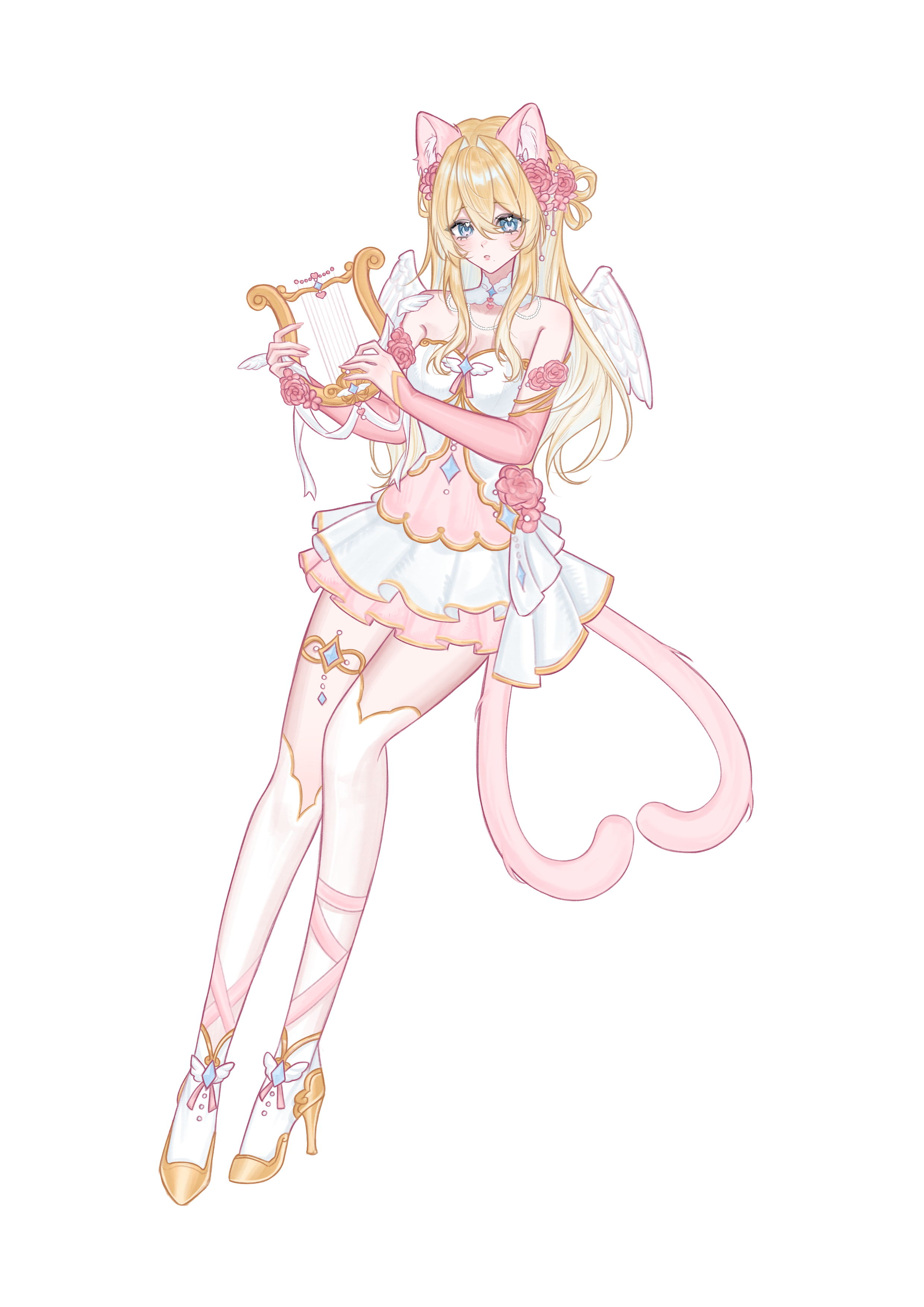 El personaje de Rushkiita con alas, un vestido rosa y una lira dorada.